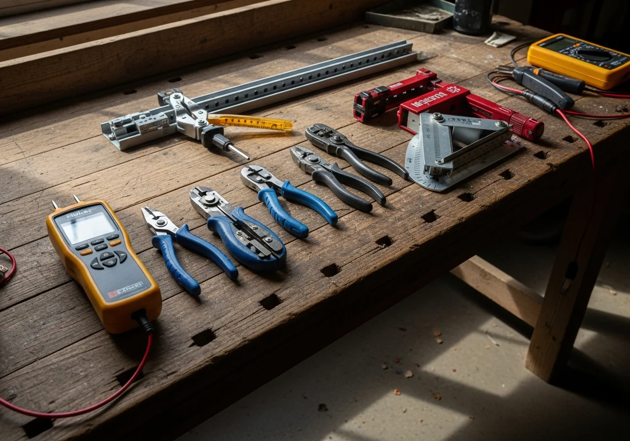 Electrician tools and equipment organized on a workbench, ready for residential and commercial electrical projects.