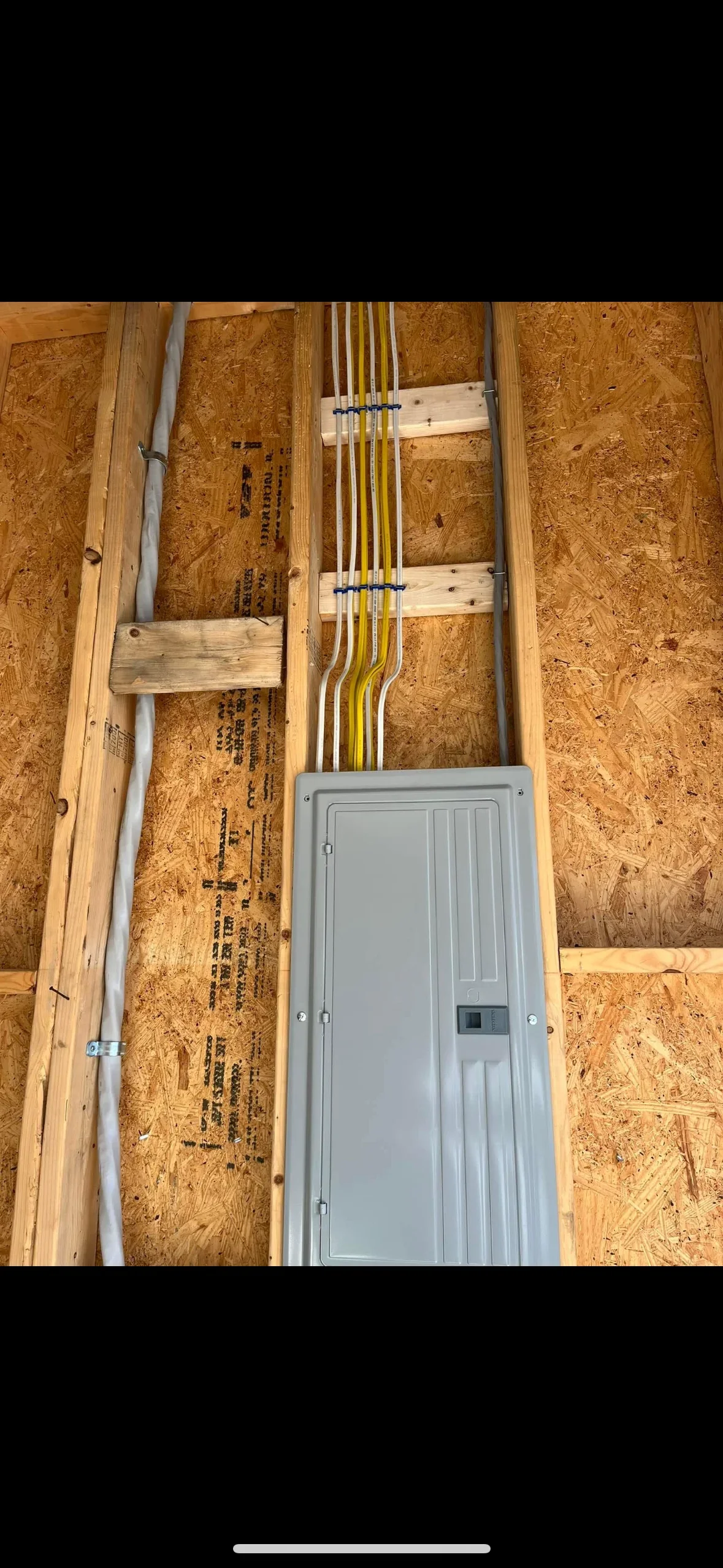 Electrical rough-in with NM cable, backing blocks, and panel box in framed wall