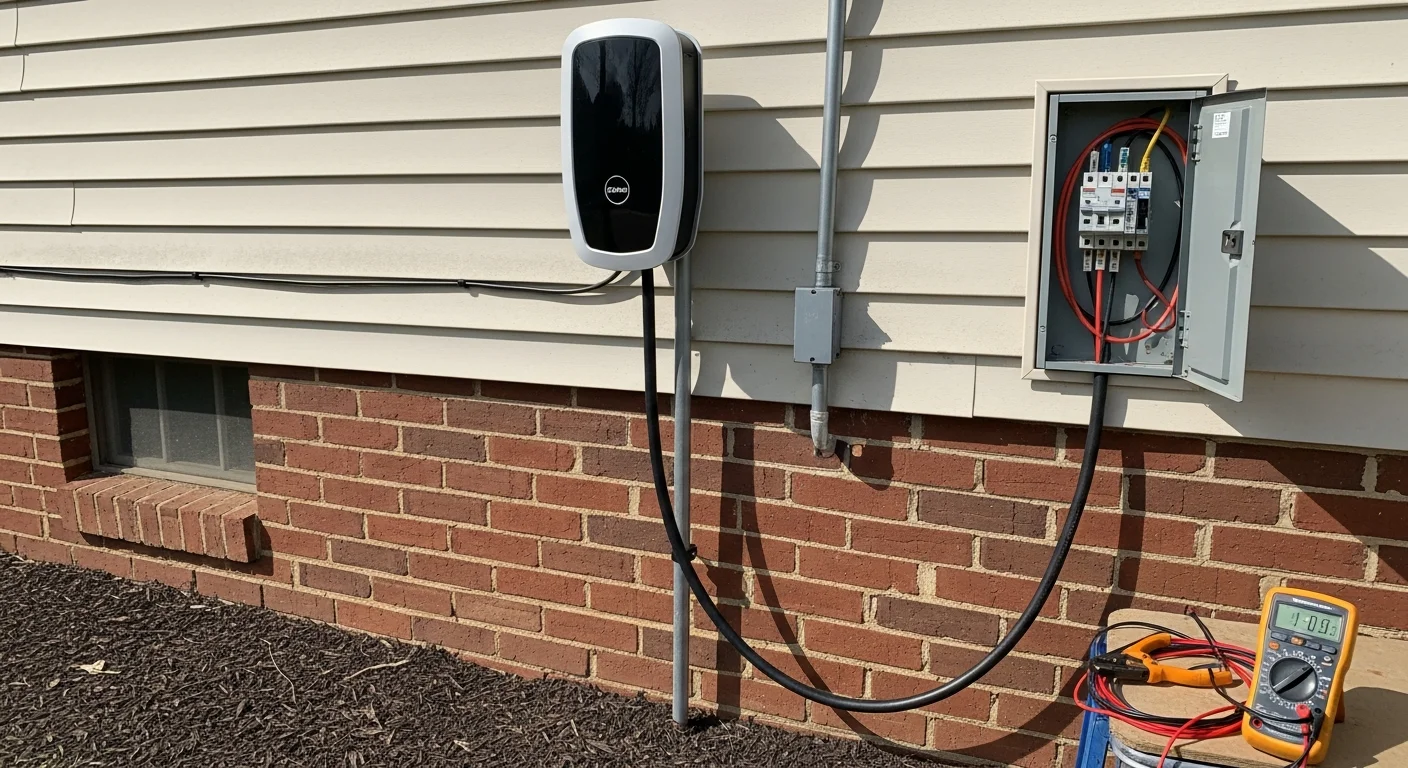 A licensed electrician from MWS Electric installing a dedicated 240-volt circuit for a residential EV charging station in a Charles Town, WV garage. The image shows conduit running from the electrical panel to the mounted charger on the garage wall.