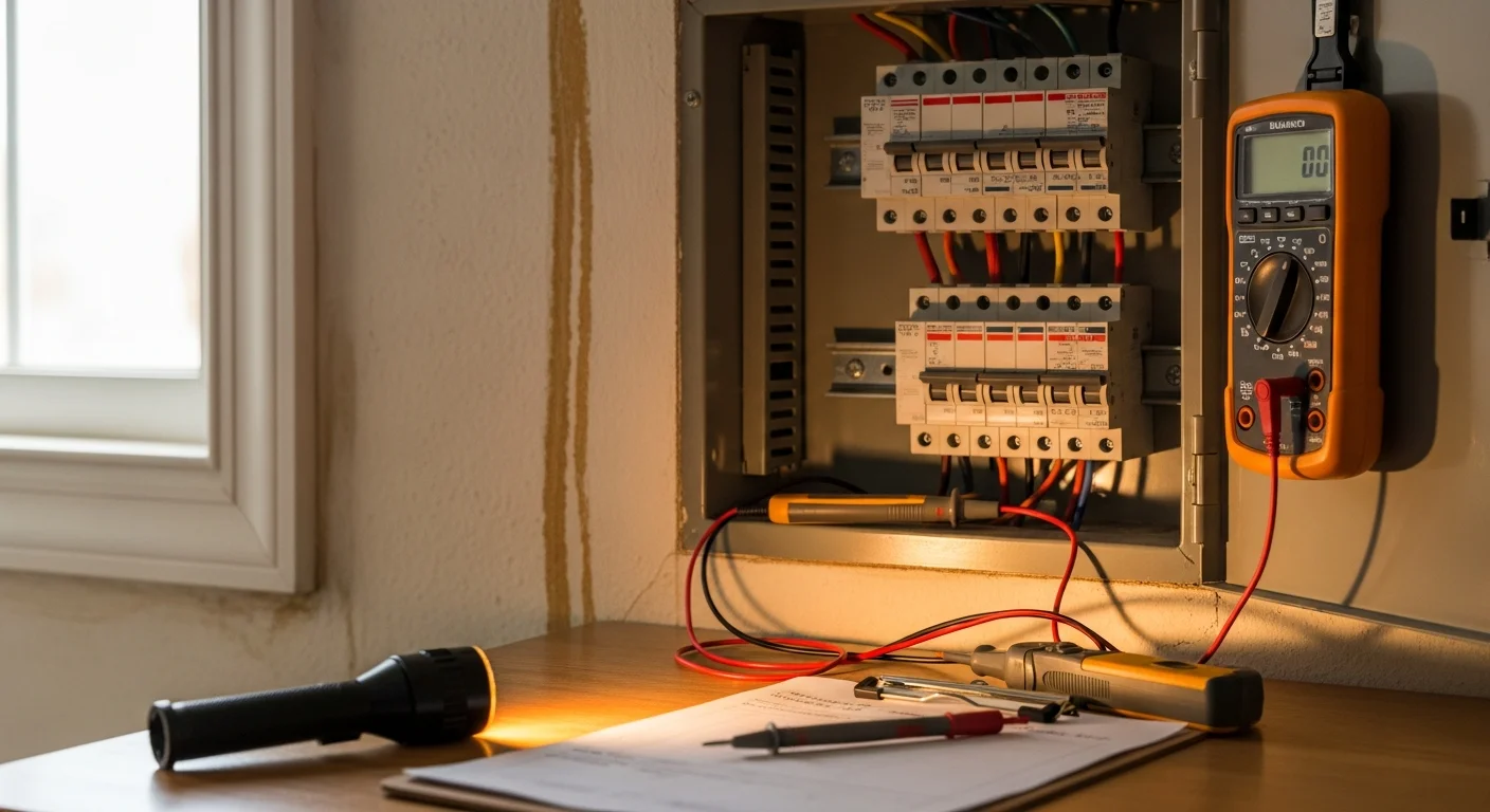 A licensed electrician from MWS Electric testing a residential circuit breaker panel inside a Charles Town, WV home. The technician uses a handheld meter to diagnose a faulty circuit in a property with older wiring.