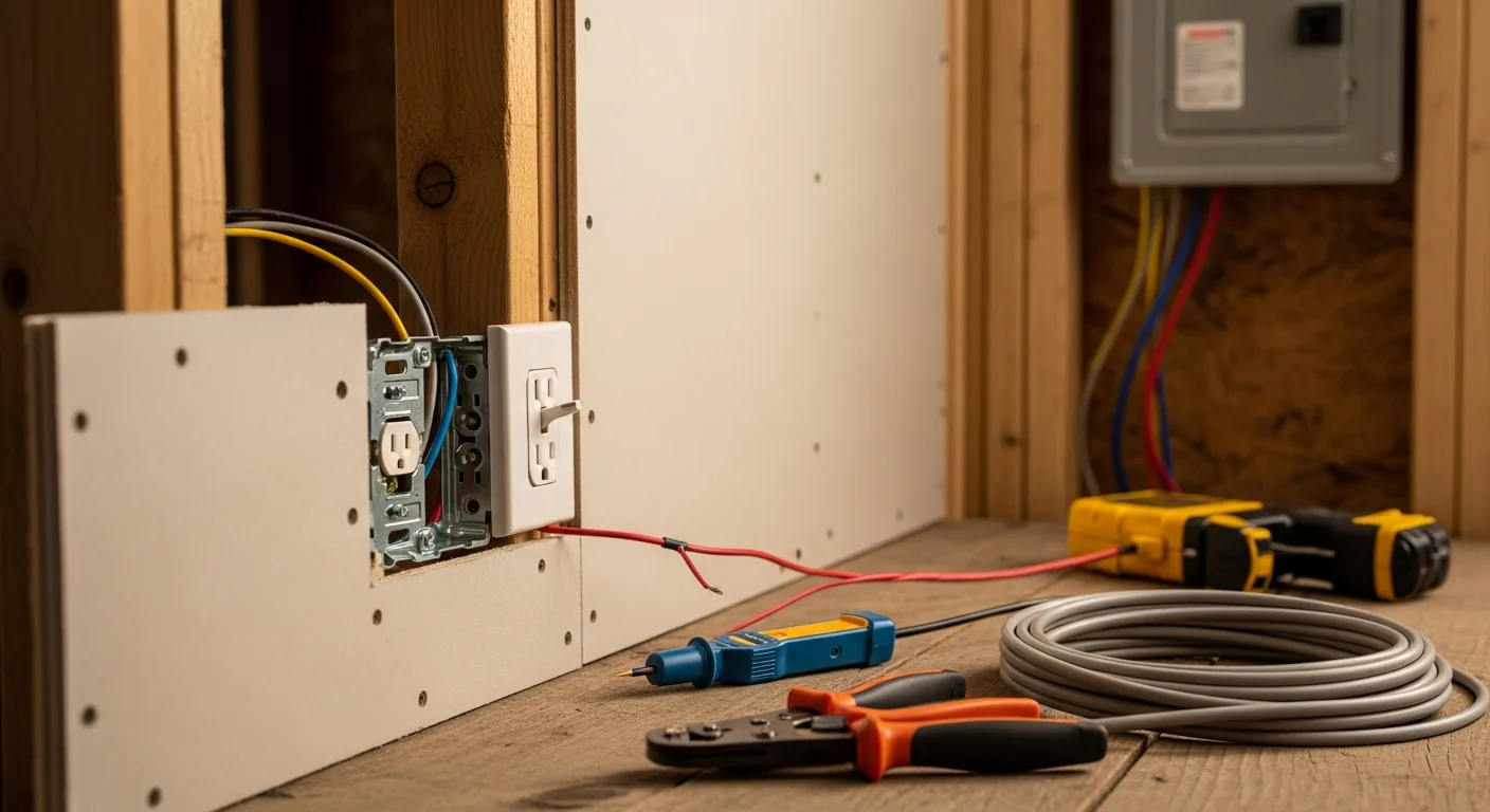 A licensed MWS Electric electrician installing a GFCI outlet in a residential kitchen in Charles Town, WV. The finished outlet is mounted flush in a standard wall box with visible grounding connections inside an older single-family home.