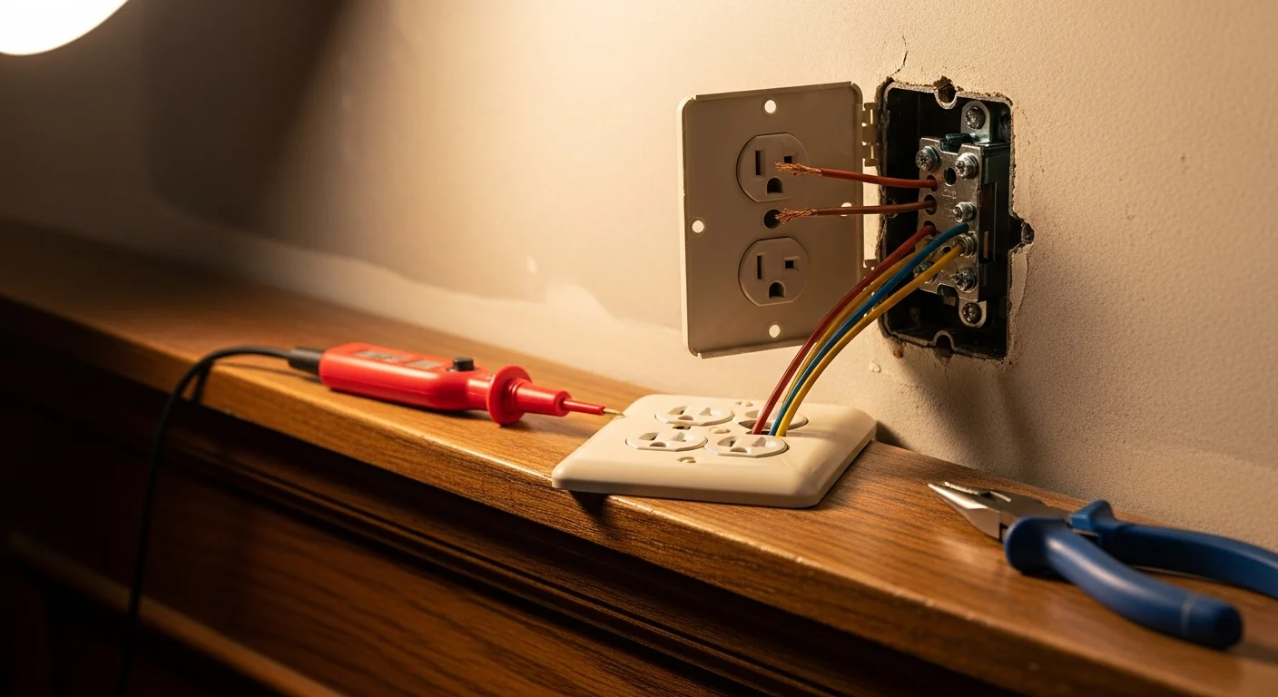 A licensed electrician from MWS Electric repairing a wall outlet in a residential home in Charles Town, WV. The outlet cover is removed and the electrician is inspecting the wiring connections behind the receptacle.