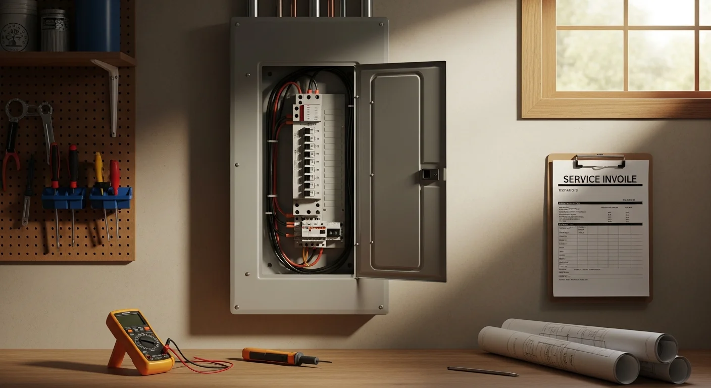 A licensed MWS Electric electrician installing a new residential electrical panel in a Charles Town, WV home. The image shows an open breaker box with organized wiring and a modern panel replacing an older unit.