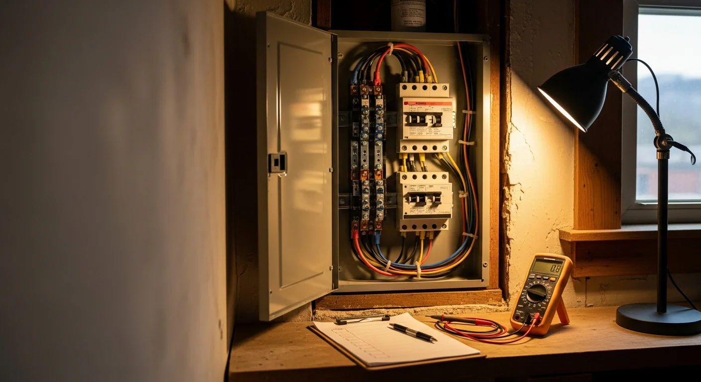 A licensed MWS Electric electrician inspecting a residential electrical panel inside a Charles Town, WV home. The panel cover is open and the electrician is reviewing breakers and wiring connections with a flashlight.