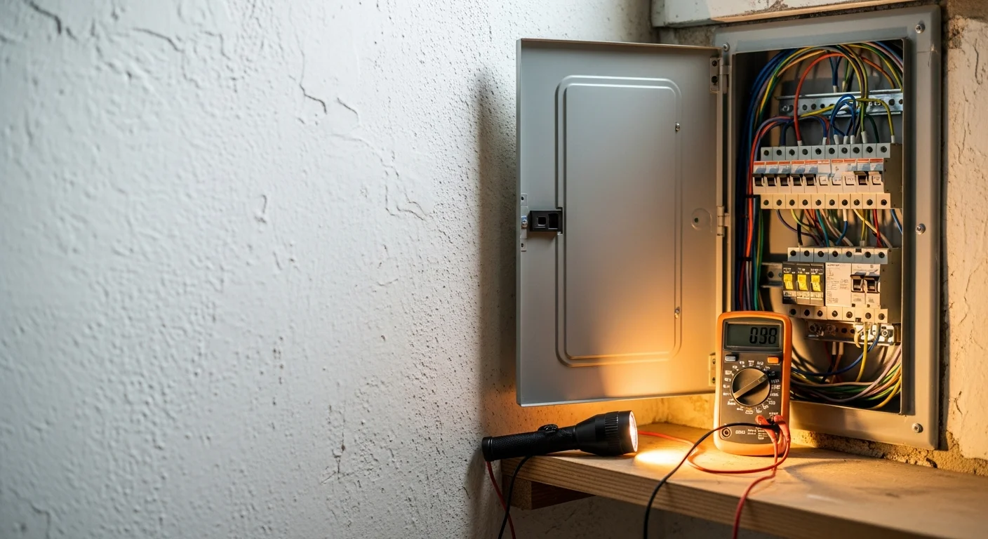 A licensed electrician from MWS Electric testing a residential electrical panel inside a Charles Town, WV home. The image shows diagnostic tools in use at an open breaker box during an electrical troubleshooting service call.
