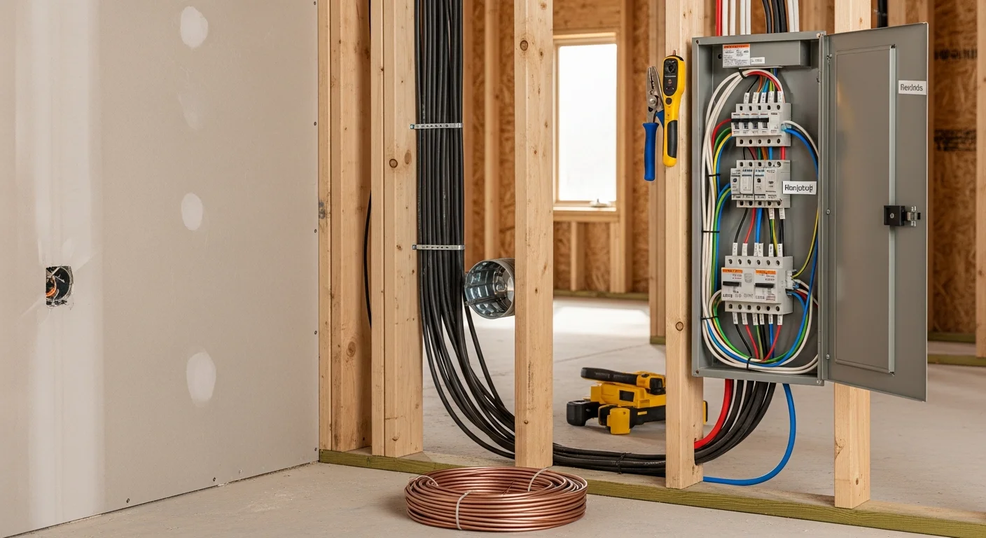 A licensed electrician from MWS Electric routing new electrical wiring through wall framing inside a residential home in Charles Town, WV. Neat wire runs are visible along the studs, with a circuit panel open in the background.