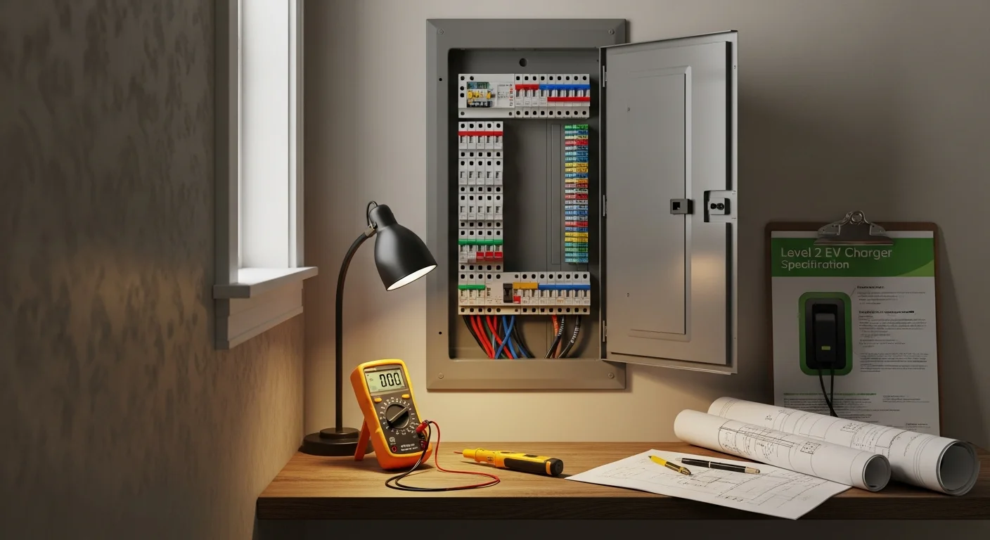 A licensed electrician from MWS Electric reviewing an electrical panel inside a single-family home garage in Charles Town, WV. The inspection is part of an EV charger consultation to assess panel capacity and circuit placement.