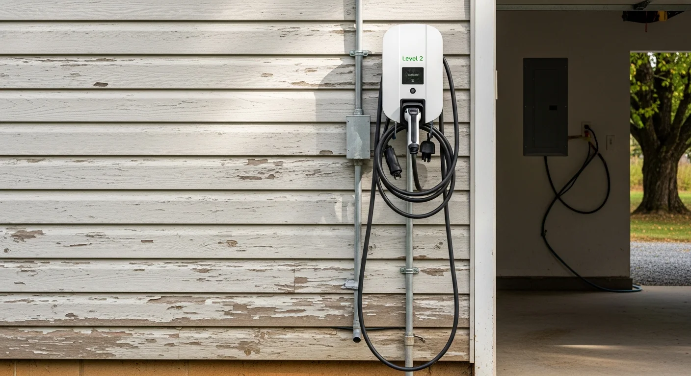 A Level 2 EV charging station mounted on the exterior wall of a residential garage in Charles Town, WV, with a dedicated 240-volt circuit wired by a licensed electrician. The charger is positioned beside a closed garage door on a single-family home in a Jefferson County neighborhood.