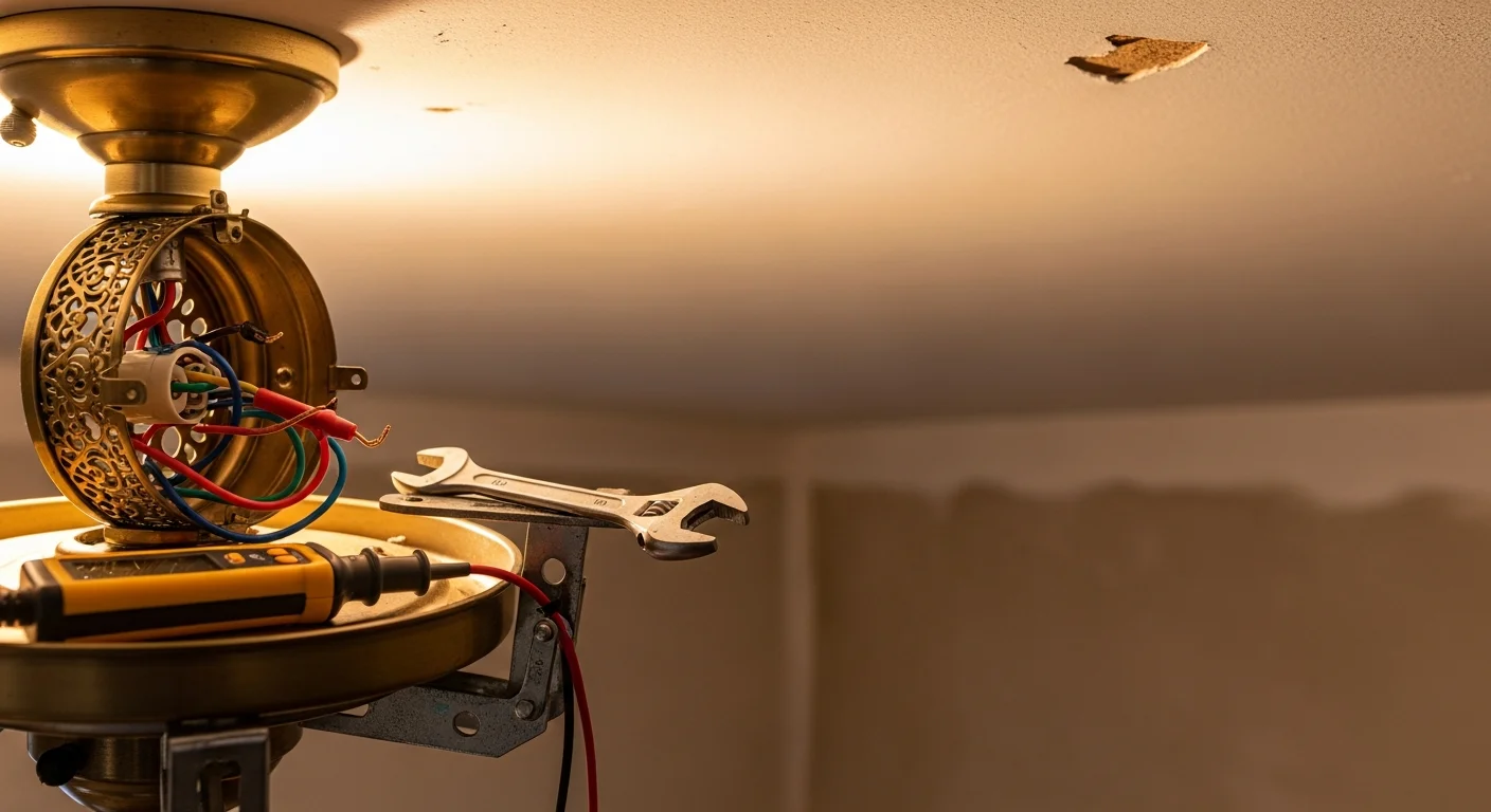A licensed electrician repairing a ceiling light fixture inside a residential home in Charles Town, WV. The electrician is inspecting wiring connections at the fixture junction box in a finished room.