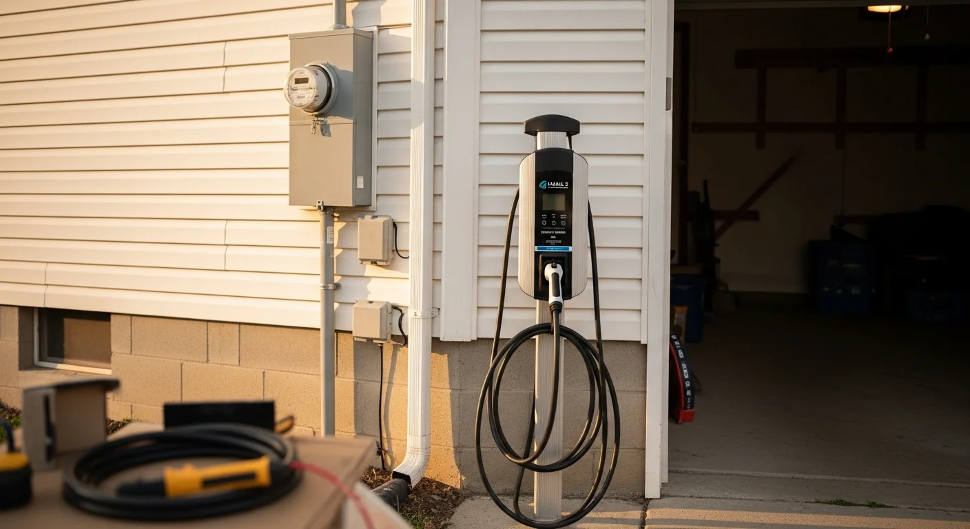 A hardwired Level 2 EV charging station mounted on the interior wall of a residential garage in Charles Town, WV. A dedicated 240-volt circuit runs from the electrical panel to the charger, with a vehicle connected and charging.