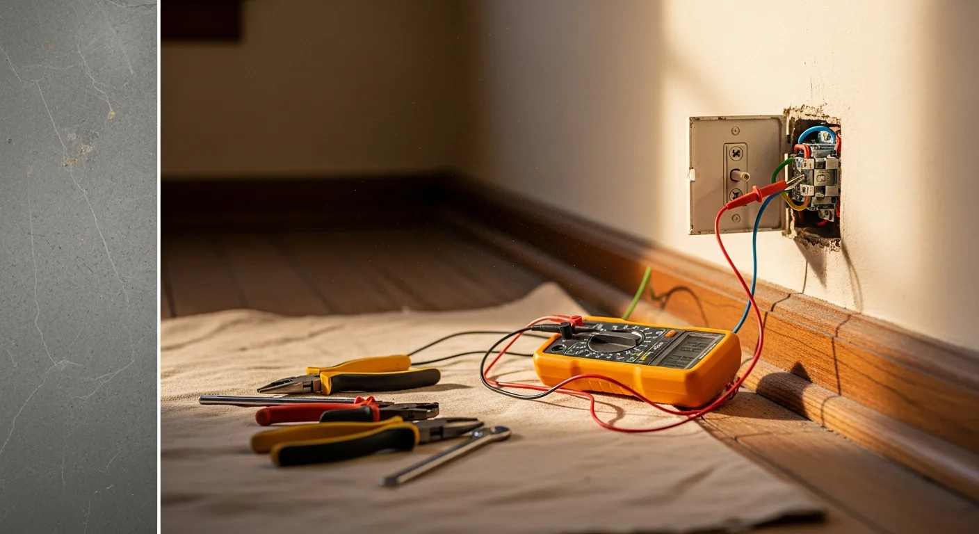 A licensed electrician from MWS Electric inspecting and repairing a wall light switch inside a residential home in Charles Town, WV. The switch cover plate is removed, exposing the wiring connections being checked for faults.