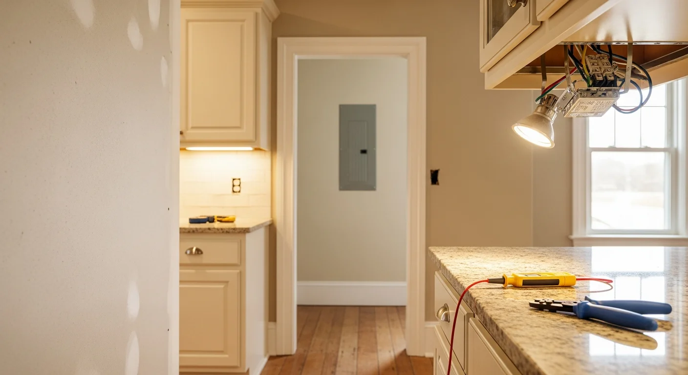 A licensed electrician from MWS Electric installing recessed LED lighting in the kitchen of a residential home in Charles Town, WV. Finished fixtures are evenly spaced across the ceiling with clean trim rings and no visible wiring.