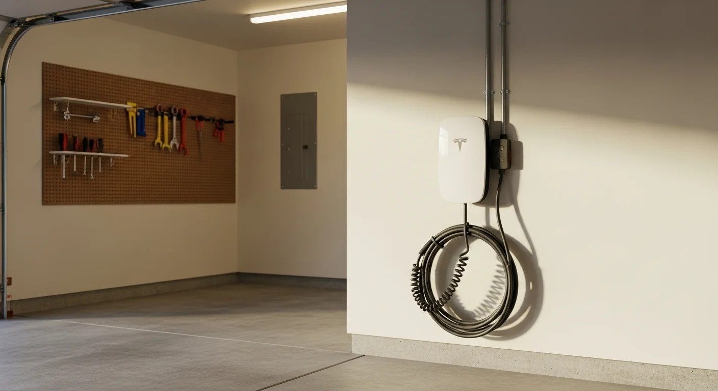 A Tesla wall charger mounted on the interior wall of a residential garage in Charles Town, WV, with a clean conduit run leading to the electrical panel. The charging cable hangs neatly beside a parked electric vehicle.